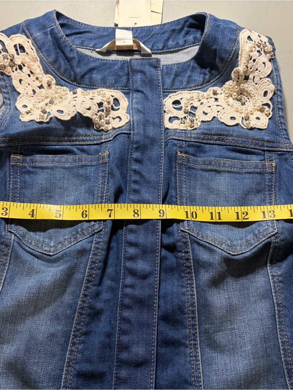 Boston Proper Blue Denim Vest with Cream Lace Trim - Picture 6 of 7